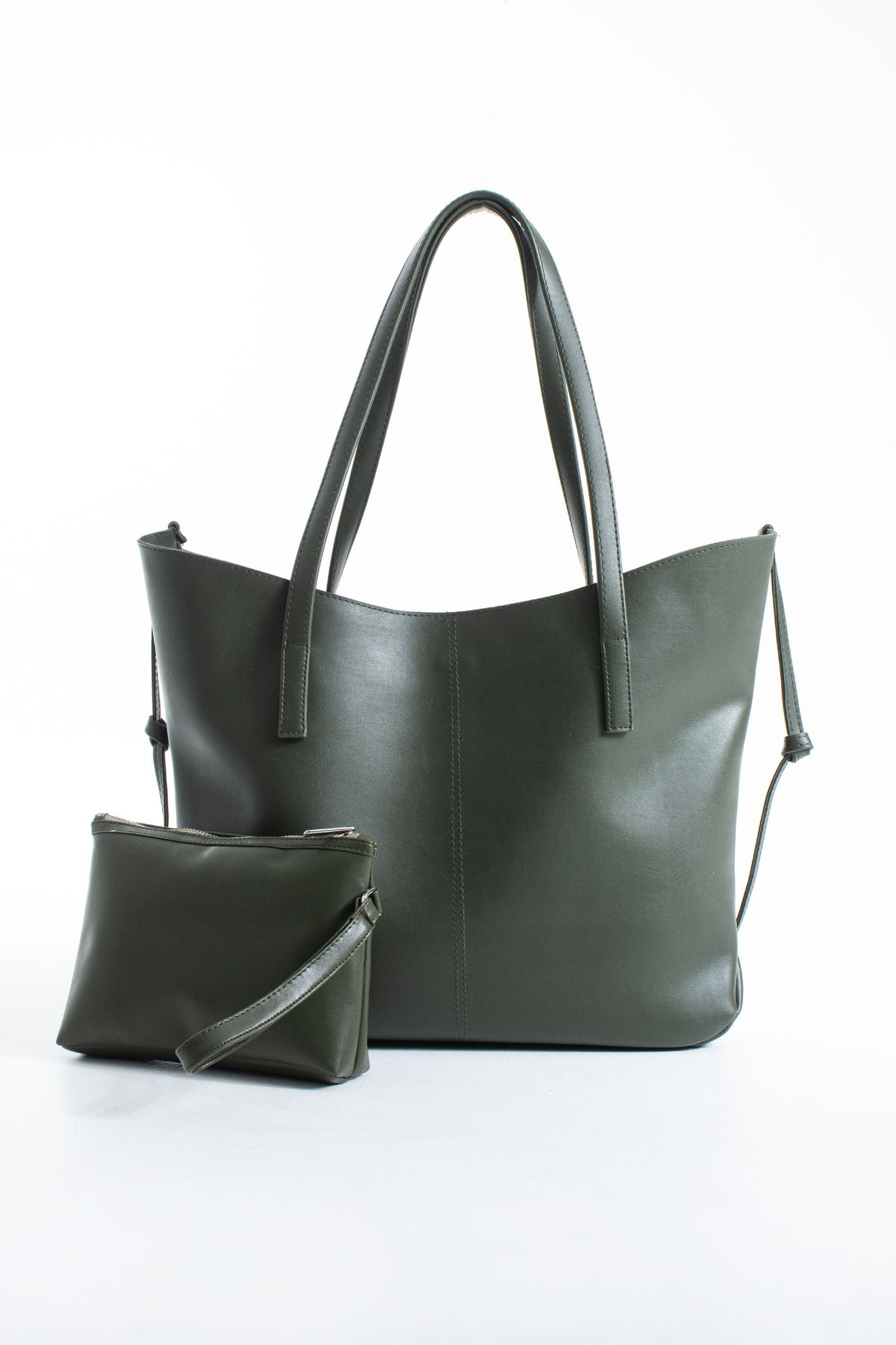 Pu Leather Large Tote Bag with Matching Zipper Pouch  2PCS Set - Green