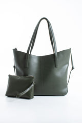 Pu Leather Large Tote Bag with Matching Zipper Pouch  2PCS Set - Green