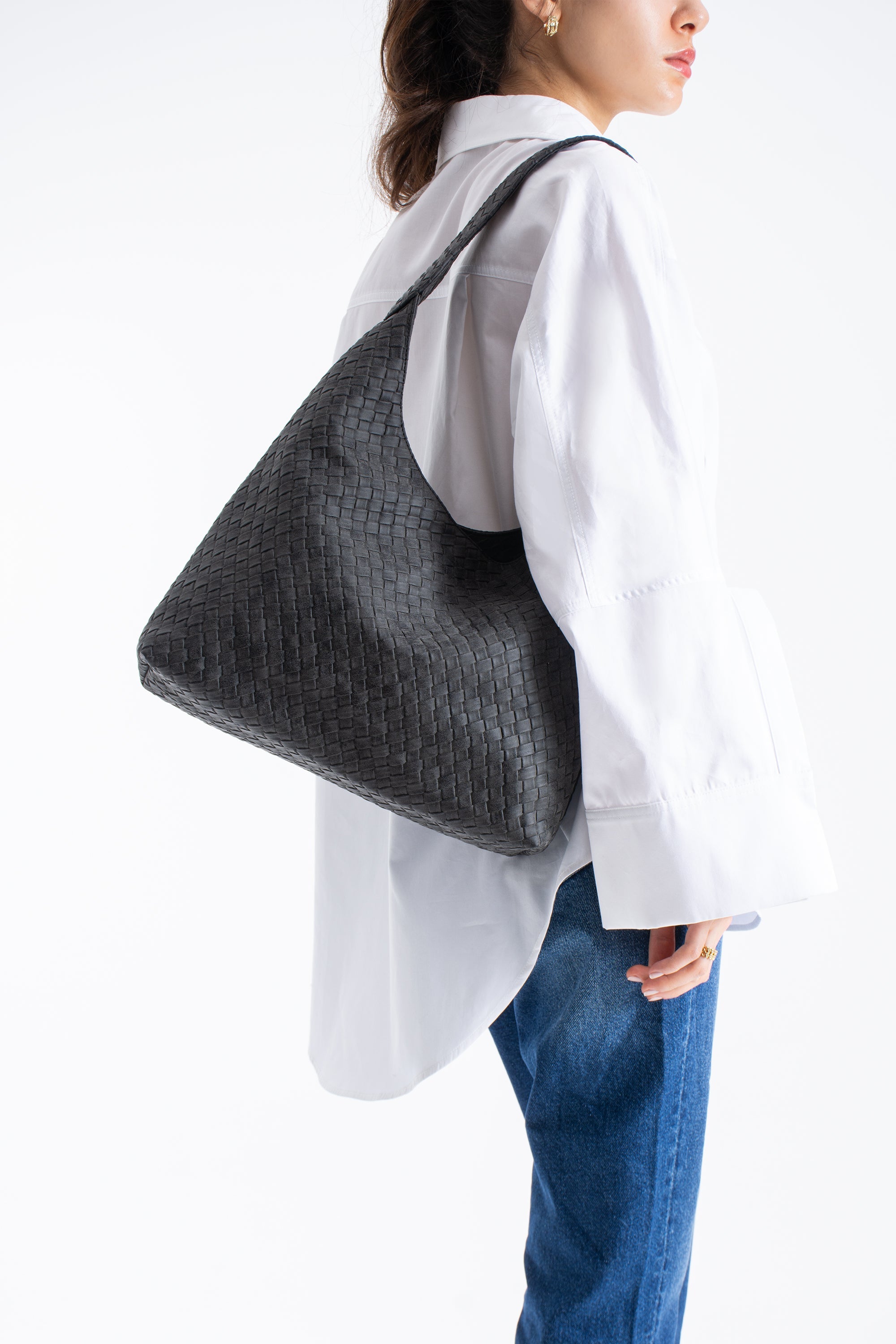 Woven Suede Slouchy Tote Bag with Matching Zipper Pouch 2PCS Set - Black