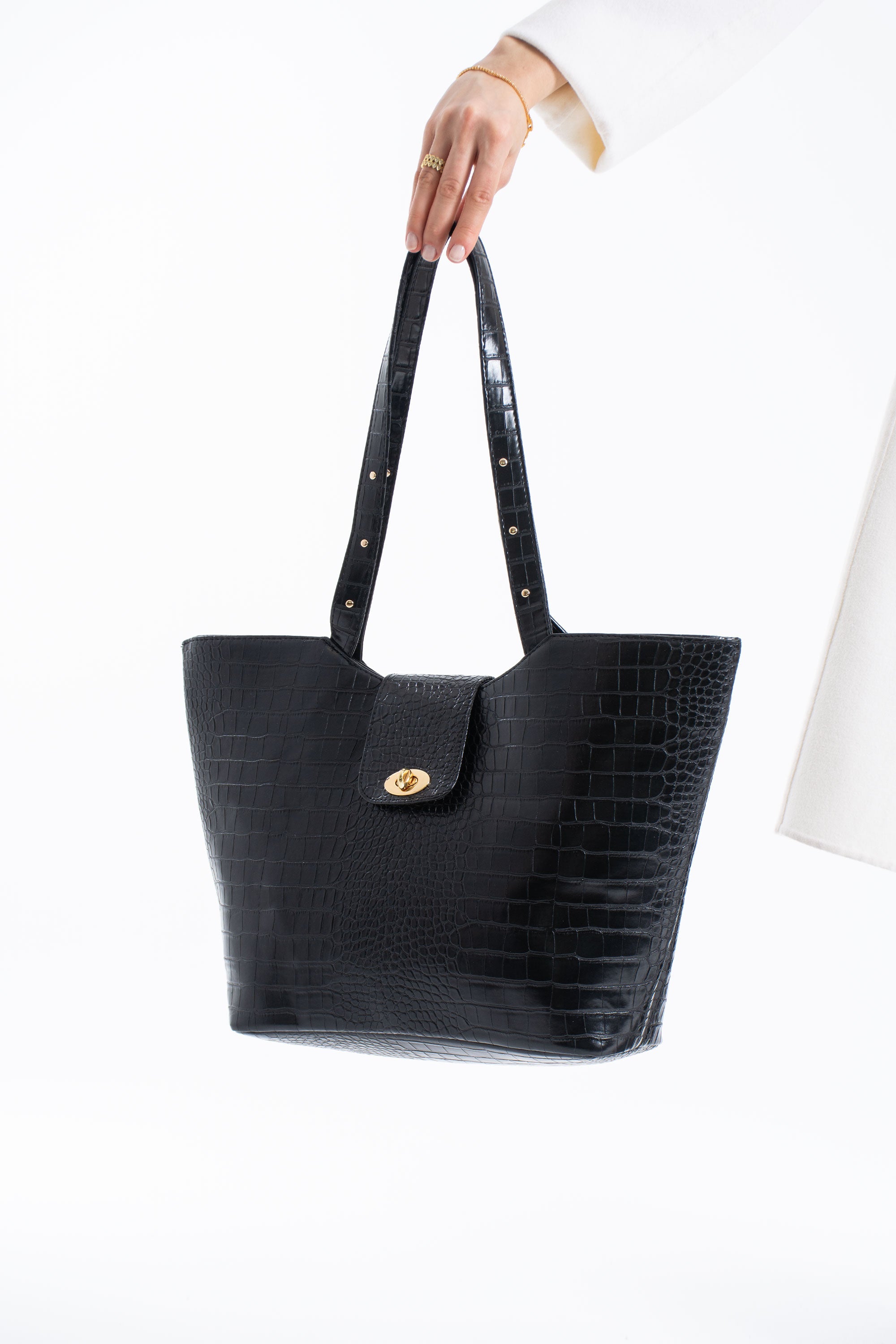 Texured Pu Leather Tote Bag with Matching Zipper Pouch 2PCS Set - Black