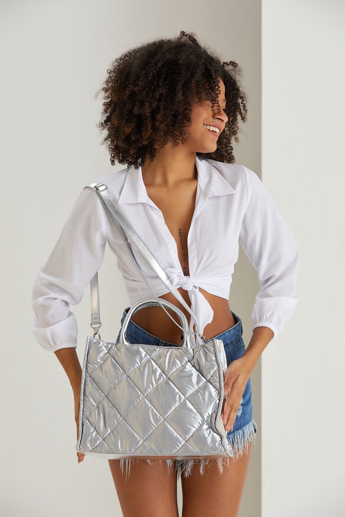 Quilted Tote Bag with Detachable Crossbody Strap - Silver