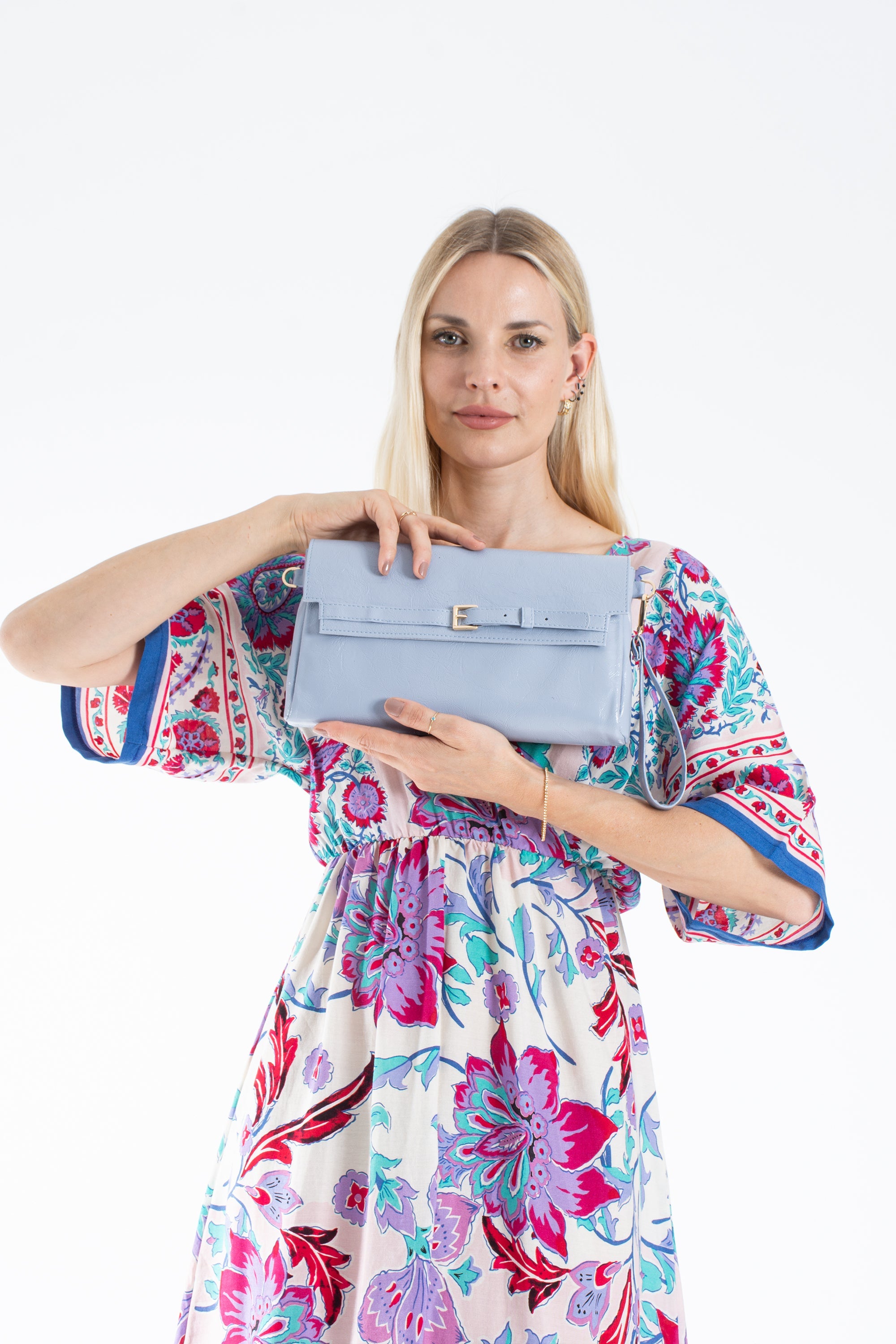 Crinkle Patent Flap Closure Wristlet & Clutc&Crossbody  3-in-1 Handbag - Blue