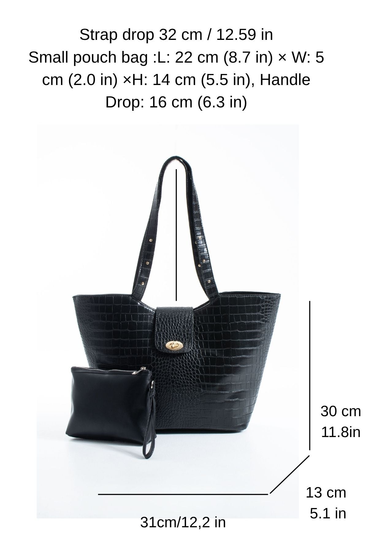 Texured Pu Leather Tote Bag with Matching Zipper Pouch 2PCS Set - Black