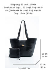Texured Pu Leather Tote Bag with Matching Zipper Pouch 2PCS Set - Black