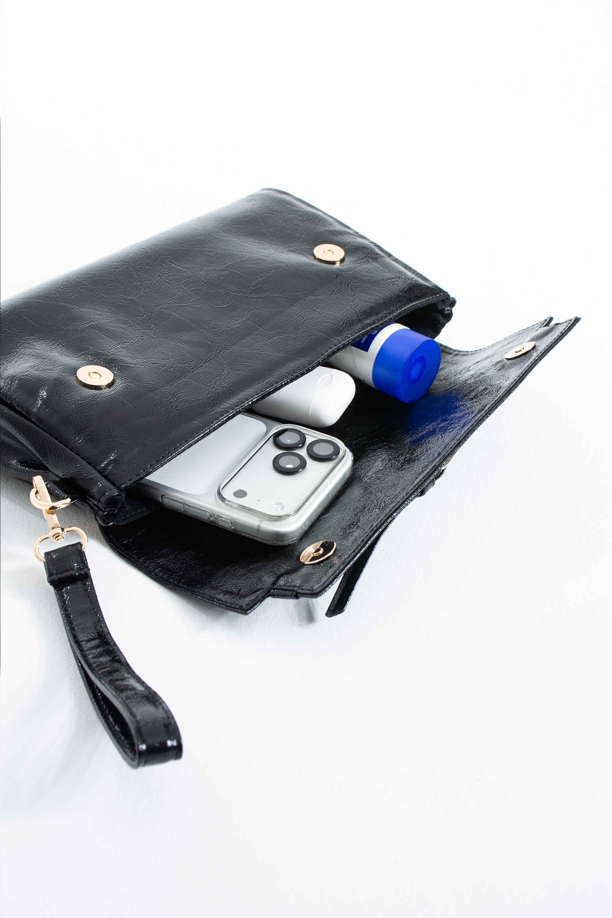 Crinkle Patent Flap Closure Wristlet & Clutc&Crossbody  3-in-1 Handbag - Black