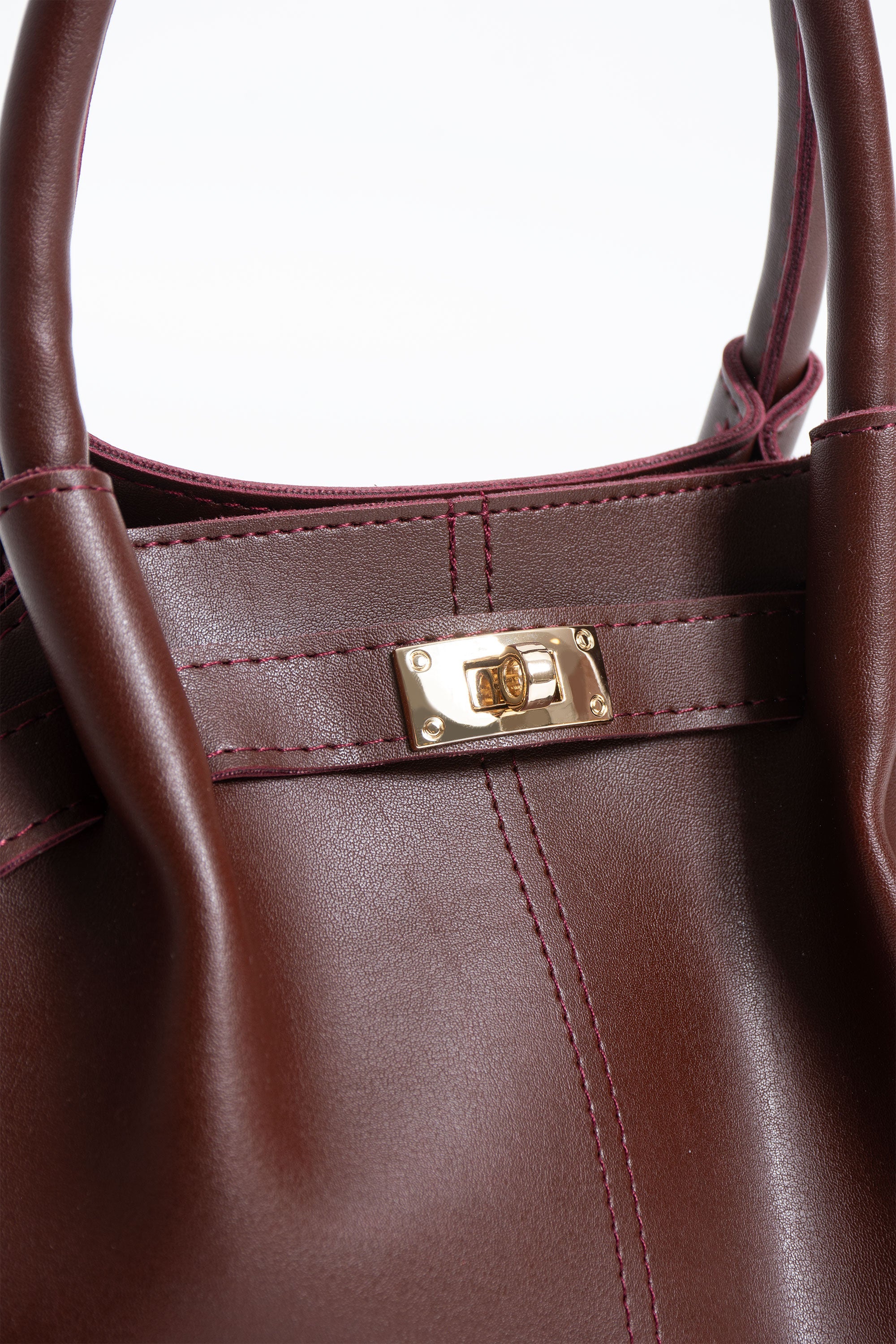 Pu Leather Top Handle Crossbody Bag with Twist Lock Detail - Burgundy