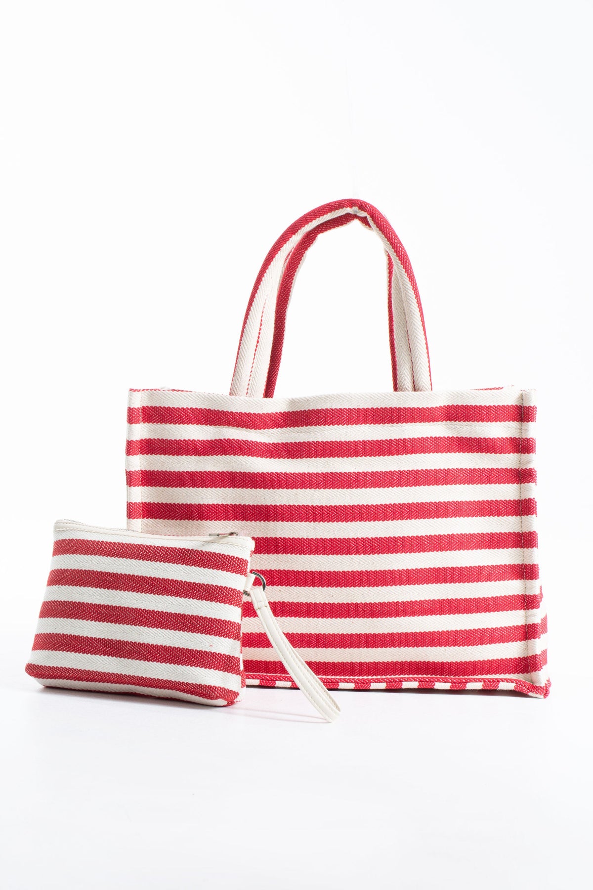 Striped Canvas Summer Tote Bag  with Matching Zipper Pouch 2 Pcs Set - Red