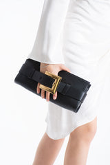 PU Leather Shoulder & Clutch Bag with Large Gold Buckle - Black