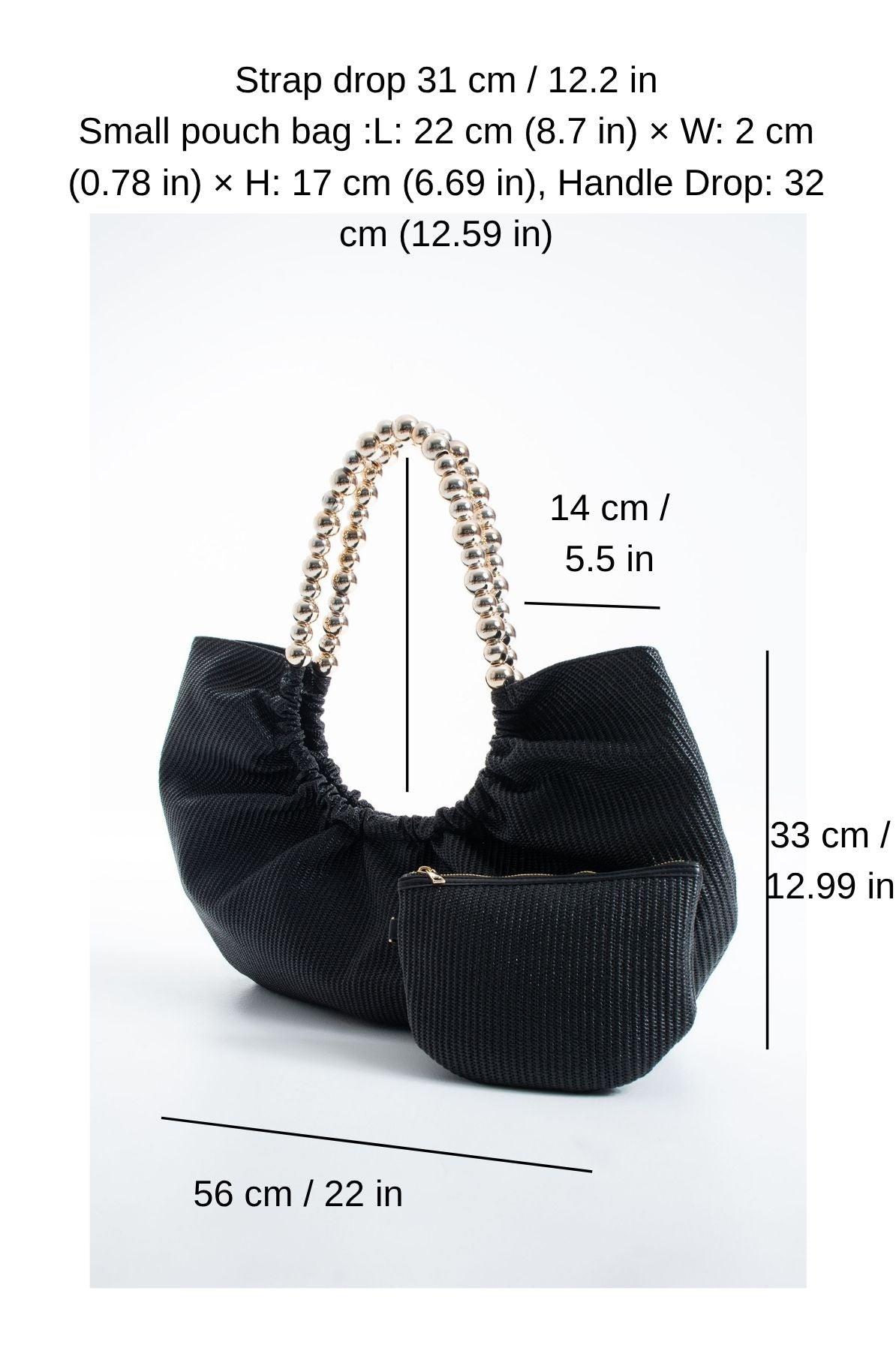 Woven PU Leather Slouchy Tote with Beaded Strap 2PCS Set - Black