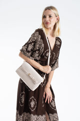 Crinkle Patent Flap Closure Wristlet & Clutc&Crossbody  3-in-1 Handbag - Cream