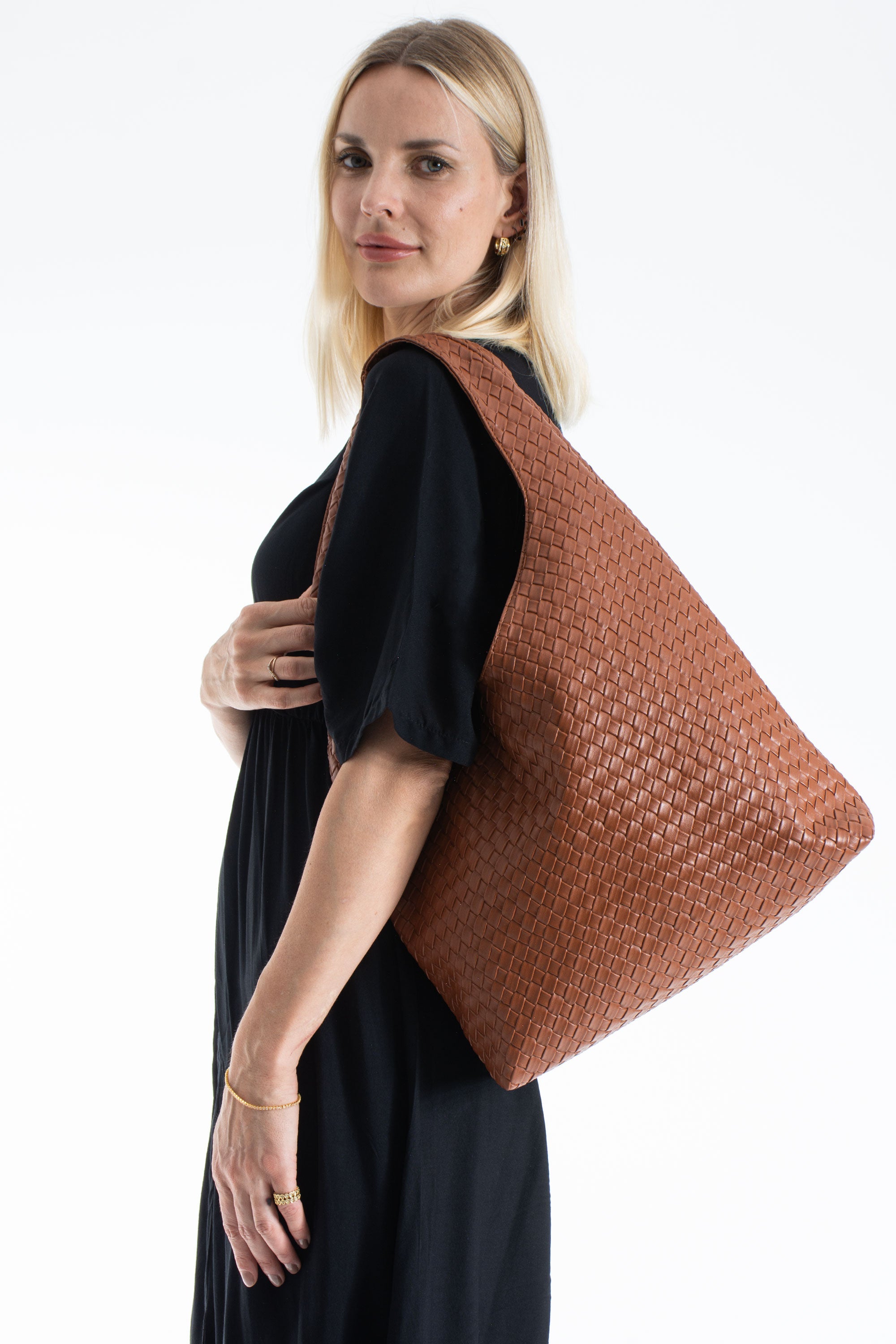 Woven Leather Slouchy Tote Bag with Matching Zipper Pouch 2PCS Set - Tan