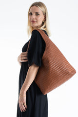 Woven Leather Slouchy Tote Bag with Matching Zipper Pouch 2PCS Set - Tan
