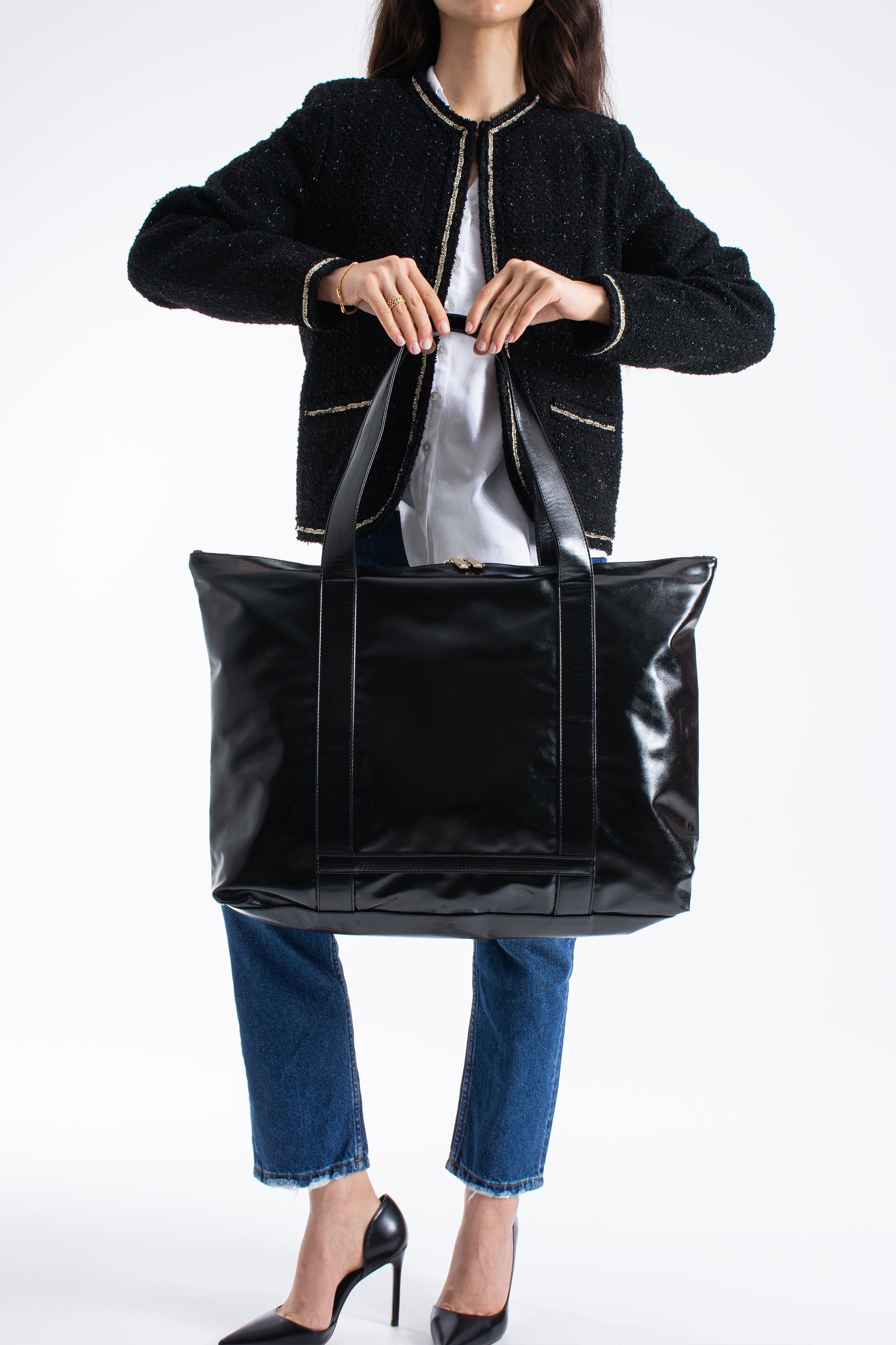 Metallic Finish Pu Leather Weekend Bag - Black