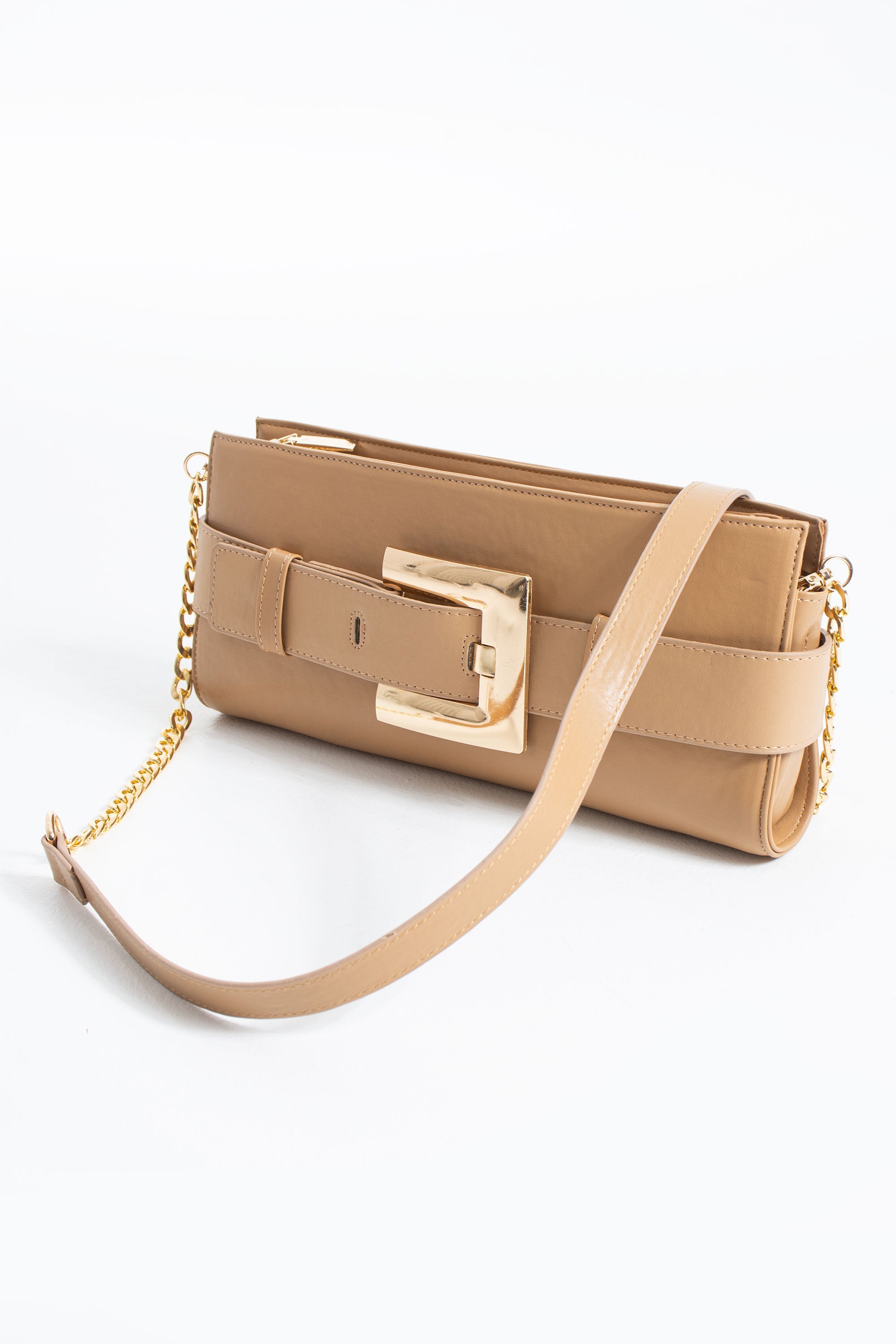 PU Leather Shoulder & Clutch Bag with Large Gold Buckle - Nude
