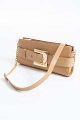 PU Leather Shoulder & Clutch Bag with Large Gold Buckle - Nude