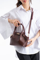 Pu Leather Top Handle Crossbody Bag with Twist Lock Detail - Burgundy