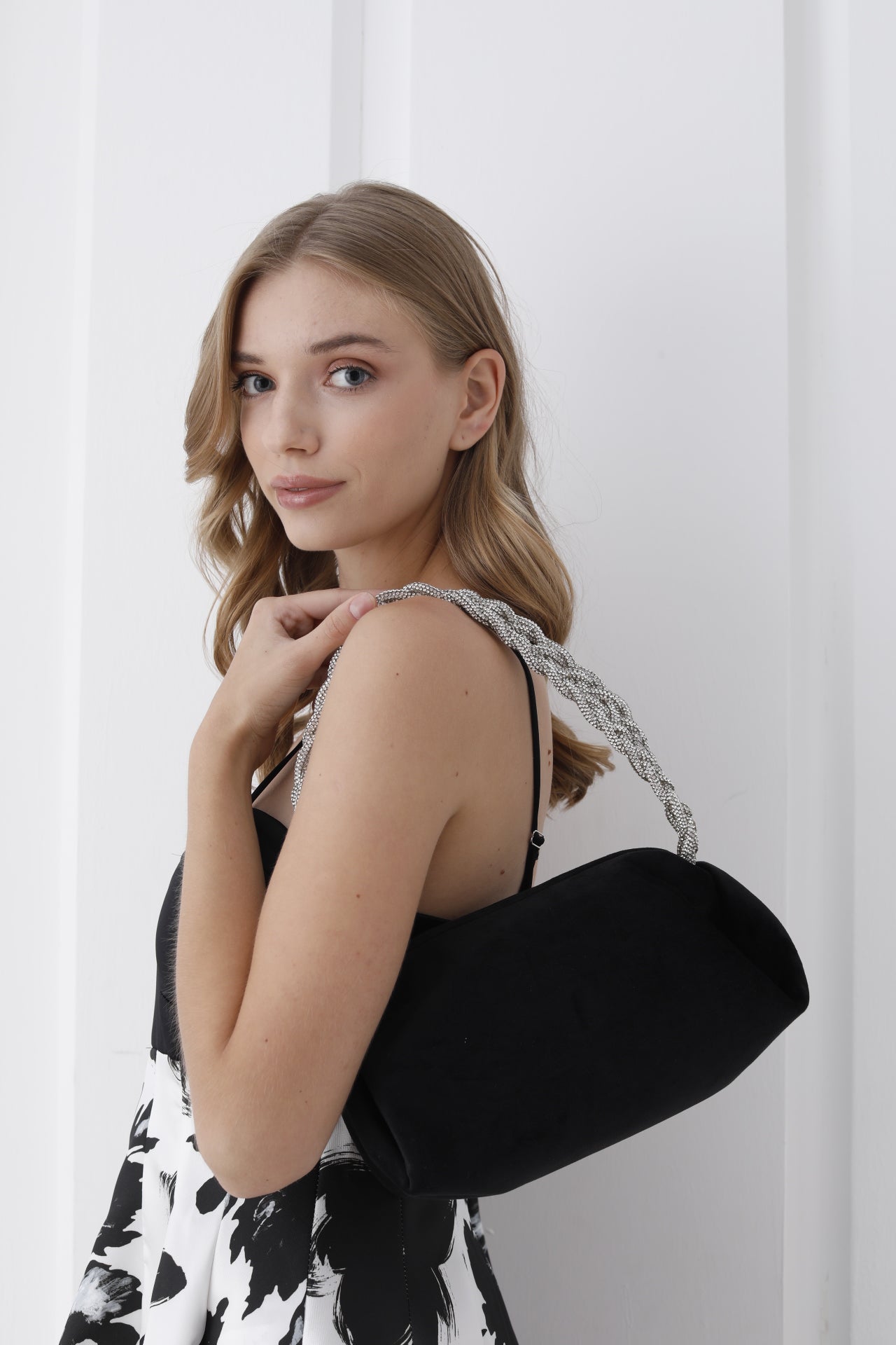 Chunky Braided Diamante Strap  Shoulder Bag - Black