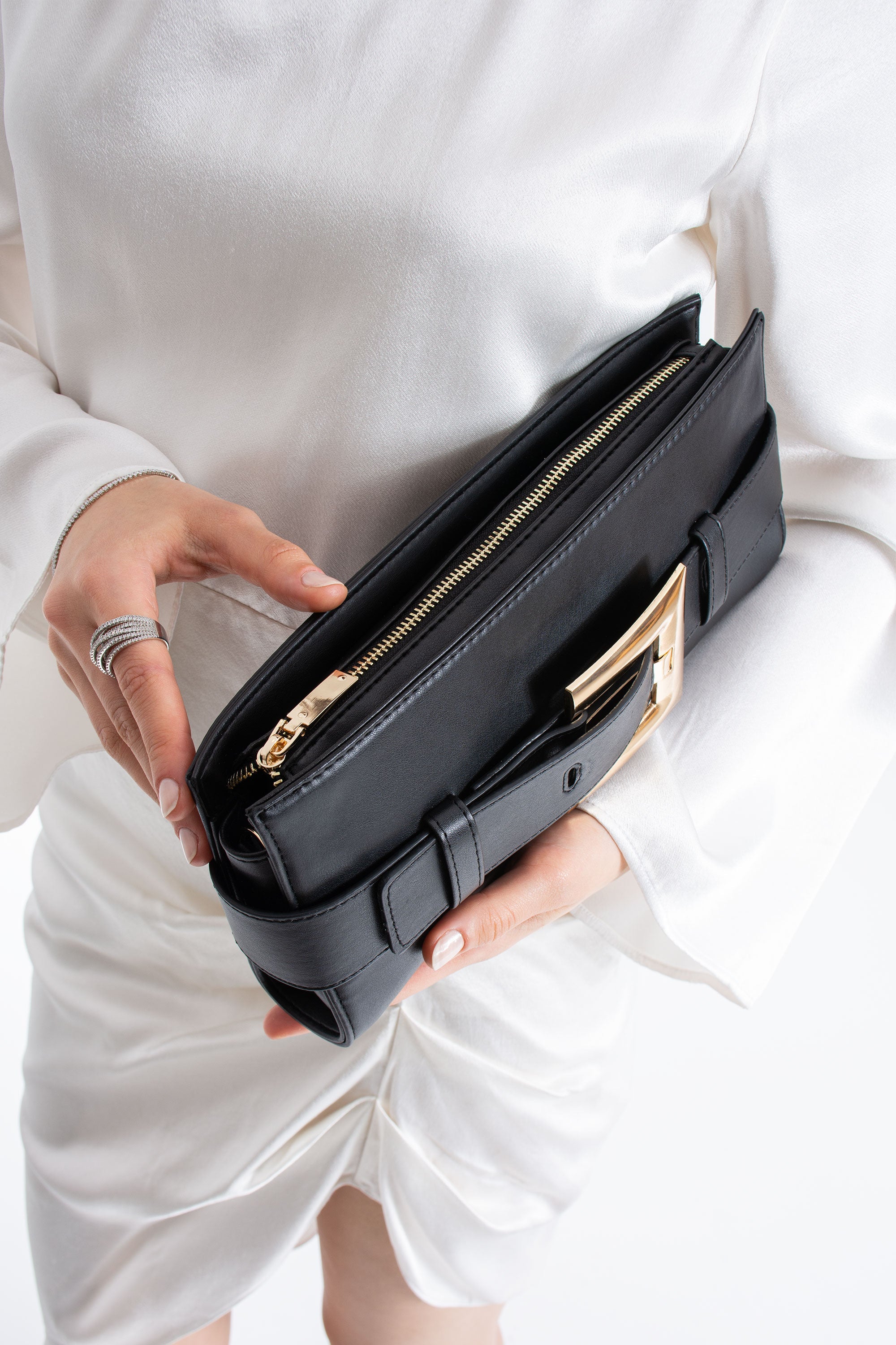 PU Leather Shoulder & Clutch Bag with Large Gold Buckle - Black