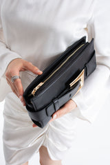 PU Leather Shoulder & Clutch Bag with Large Gold Buckle - Black