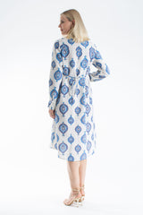 Women’s Linen Blend Ornamental Print Midi Shirt Dress
