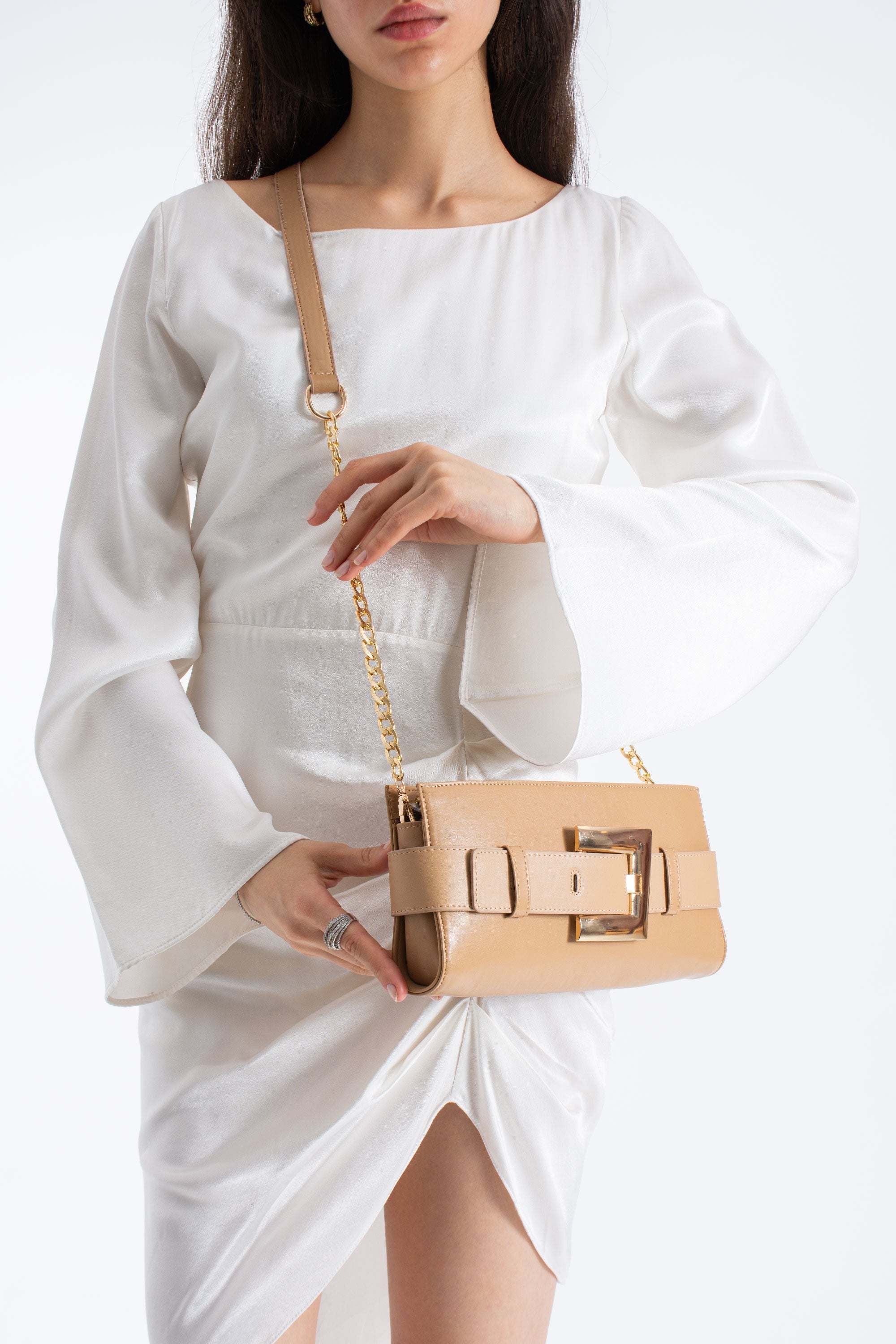 PU Leather Shoulder & Clutch Bag with Large Gold Buckle - Nude