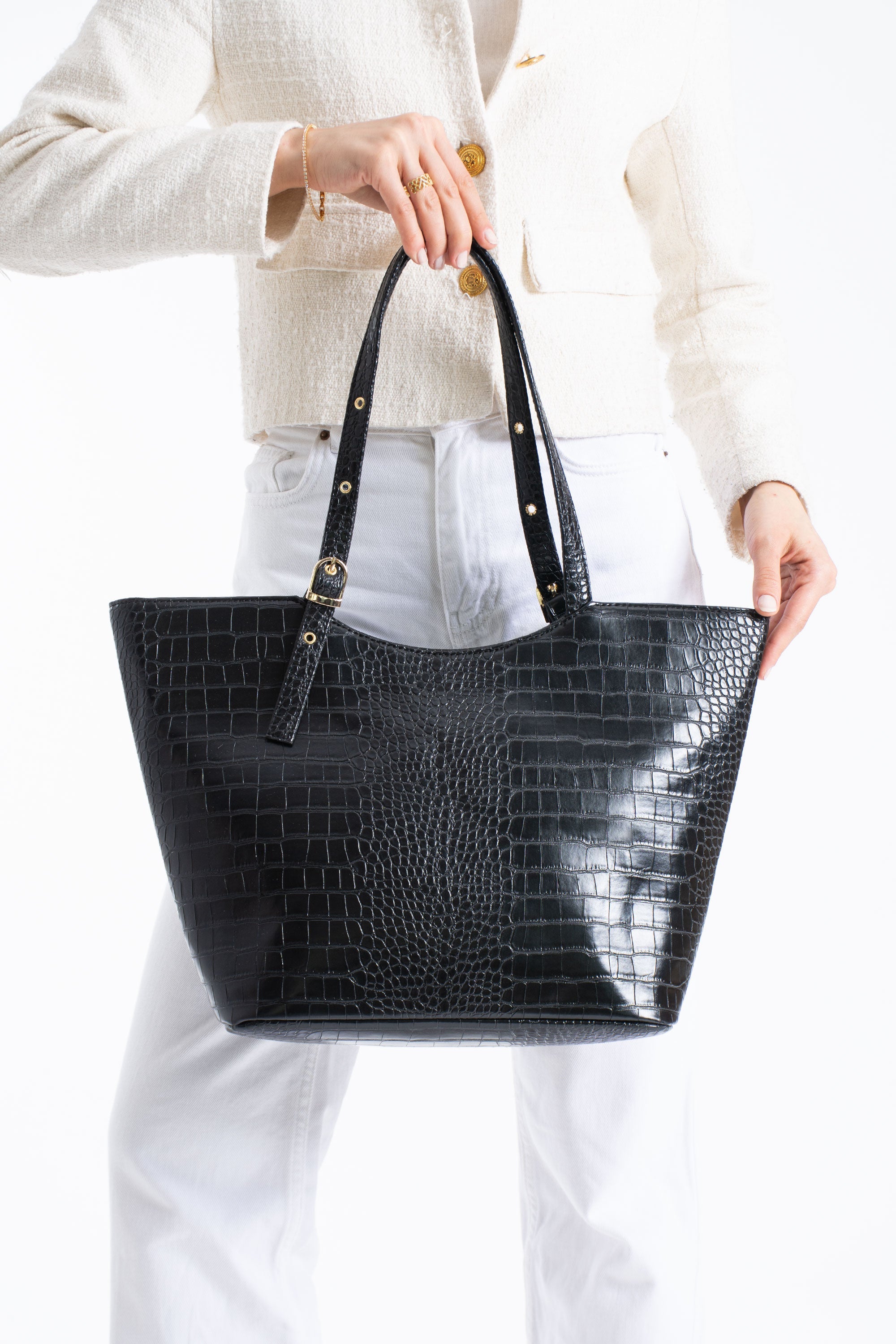 Textured  Pu Leather Tote Bag with Matching Zipper Pouch 2PCS Set - Black