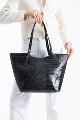 Textured  Pu Leather Tote Bag with Matching Zipper Pouch 2PCS Set - Black