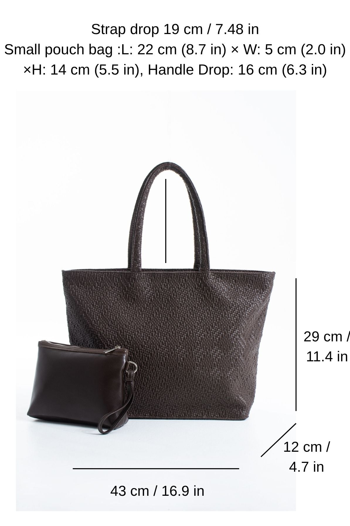 Woven Pu Leather Tote Bag with Matching Zipper Pouch 2PCS Set - Brown