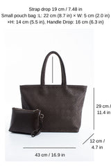Woven Pu Leather Tote Bag with Matching Zipper Pouch 2PCS Set - Brown