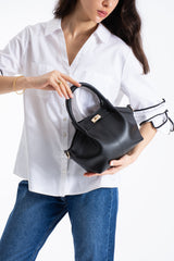 Pu Leather Top Handle Crossbody Bag with Twist Lock Detail - Black