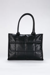 Quilted Pu Leather Tote Bag with Detachable Strap - Black