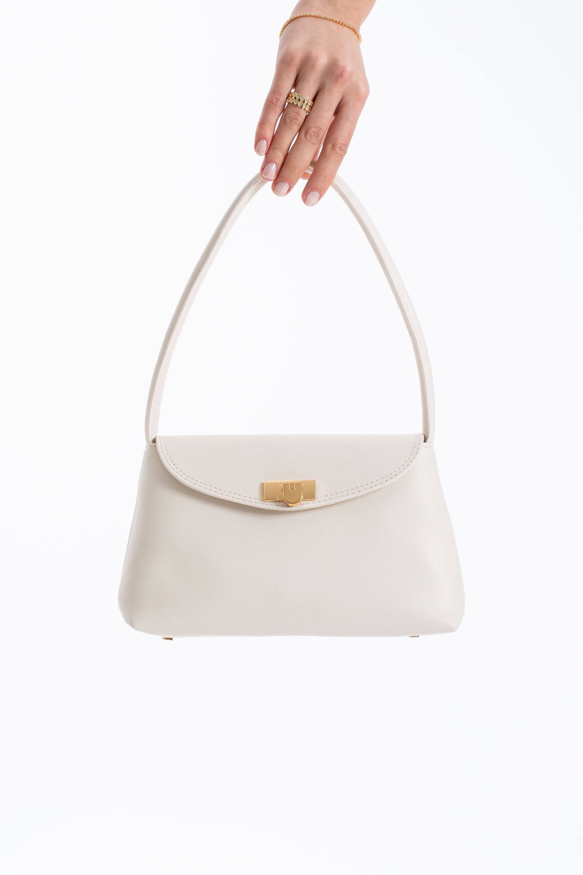 Pu Leather Flap Shoulder Bag - Cream