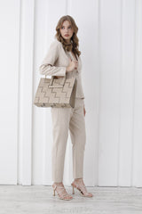 Braided Convertible Tote Bag with Detachable Crossbody Strap - Beige