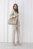 Braided Convertible Tote Bag with Detachable Crossbody Strap - Beige