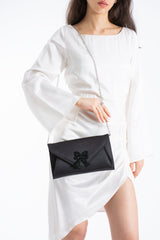 Satin Evening Clutch Bag with Embellishment - Black