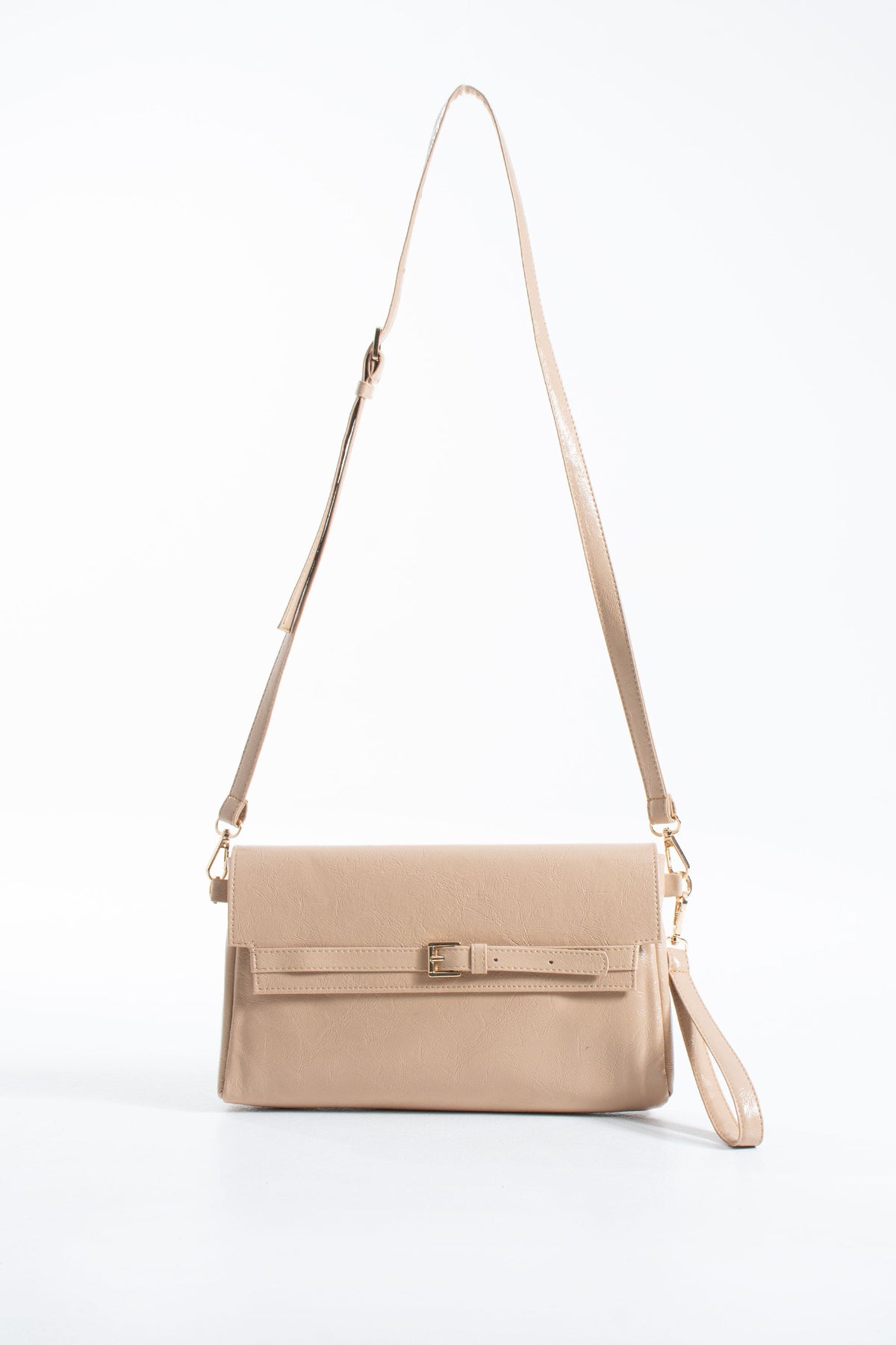 Crinkle Patent Flap Closure Wristlet & Clutc&Crossbody  3-in-1 Handbag - Beige