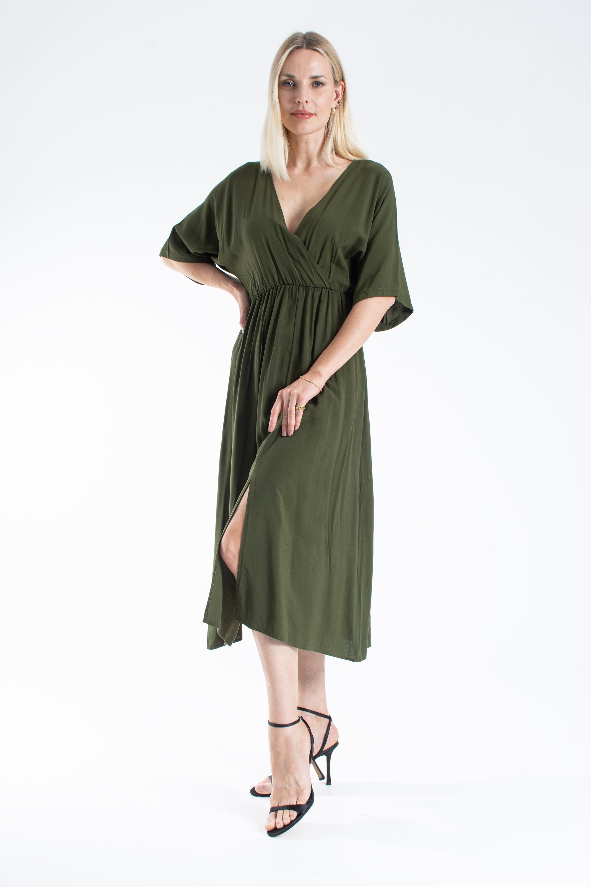 Womens Viscose V Neck Short Sleeve Midi Dress - Khaki