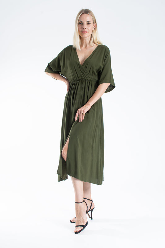Womens Viscose V Neck Short Sleeve Midi Dress - Khaki