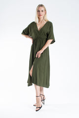 Womens Viscose V Neck Short Sleeve Midi Dress - Khaki