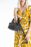 Woven Suede Top Handle Crossbody Bag with Twist Lock Detail - Black