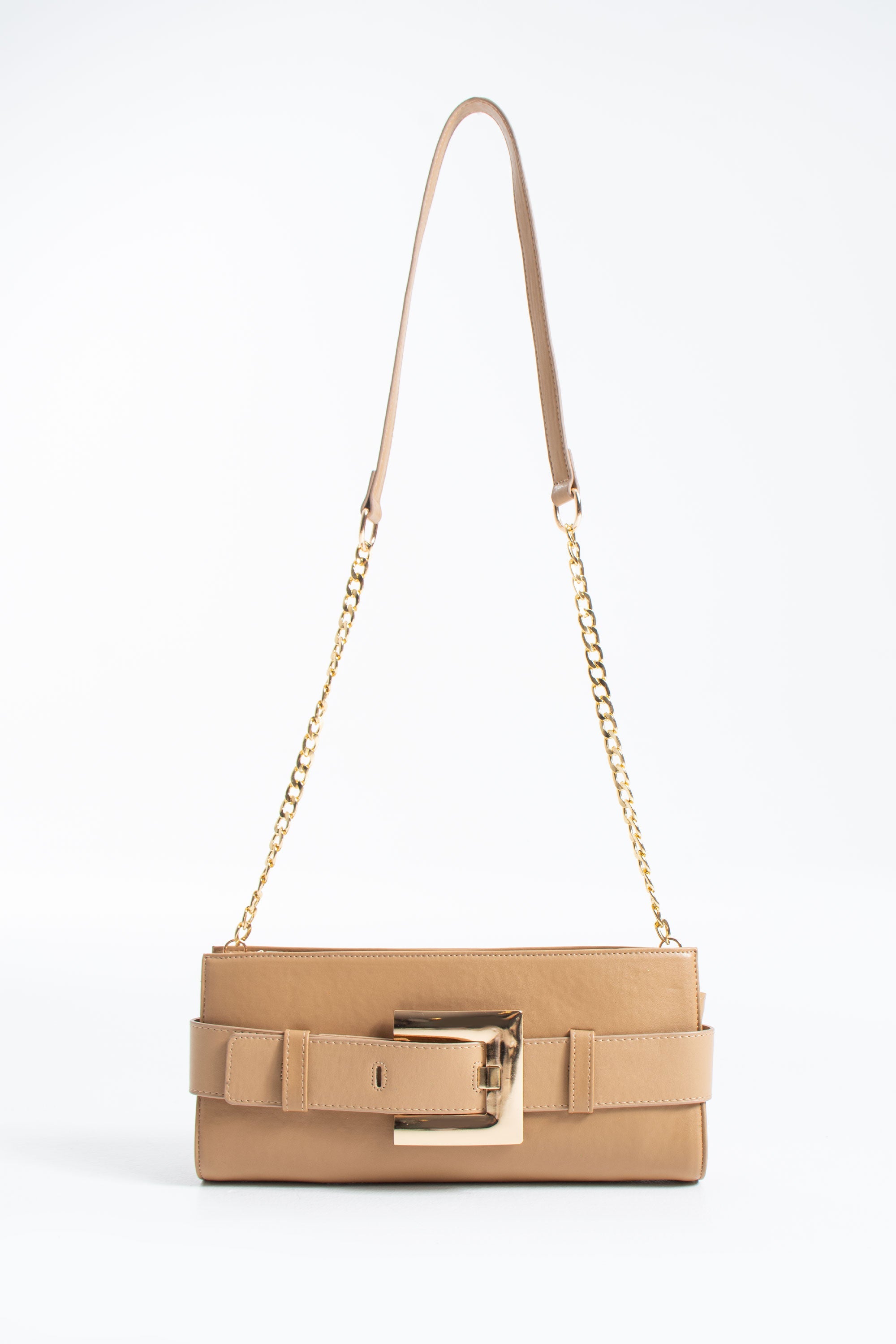 PU Leather Shoulder & Clutch Bag with Large Gold Buckle - Nude
