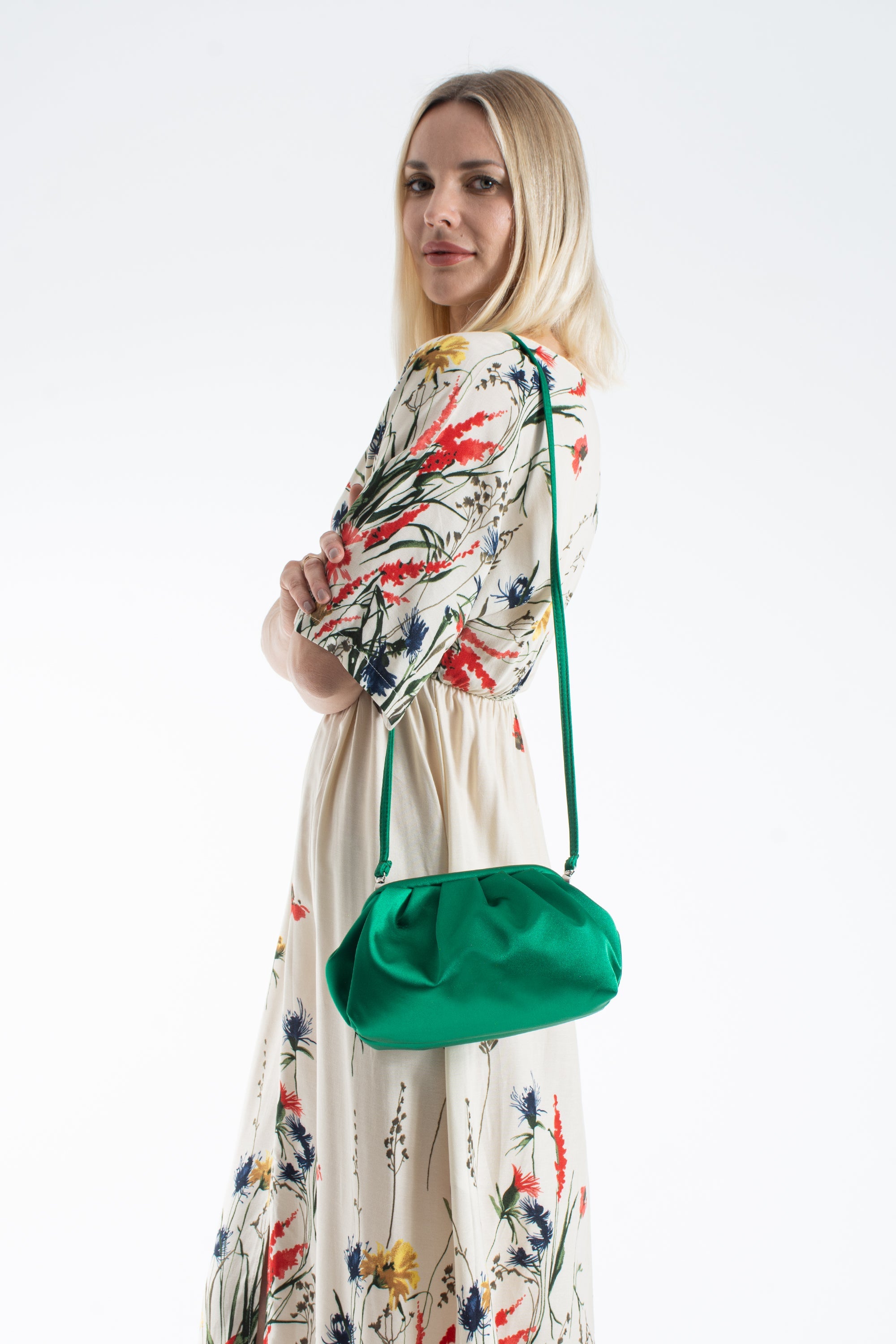 Satin Pouch Bag With Detachable Crossbody Strap - Green