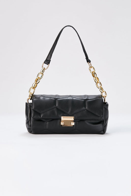 Quilted Pu Leather Shoulder Bag - Black