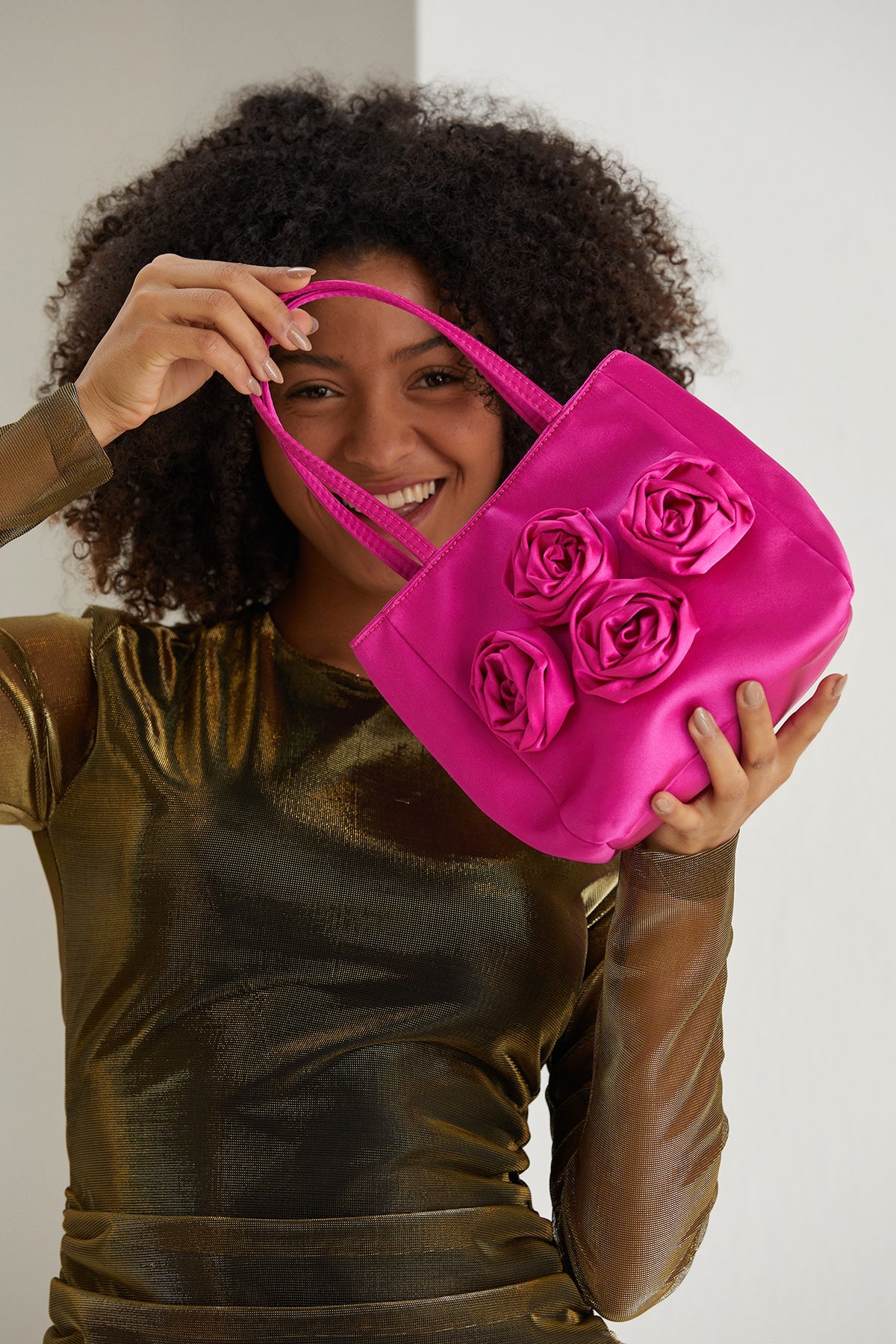 Floral Satin Handbag with Detachable Crossbody Strap - Pink