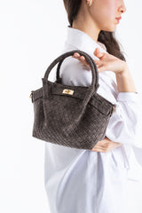 Woven Suede Top Handle Crossbody Bag with Twist Lock Detail - Brown