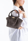 Woven Suede Top Handle Crossbody Bag with Twist Lock Detail - Brown