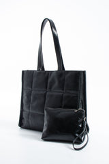 Quilted Crinkle Patent Pu Leather Tote Bag - Black