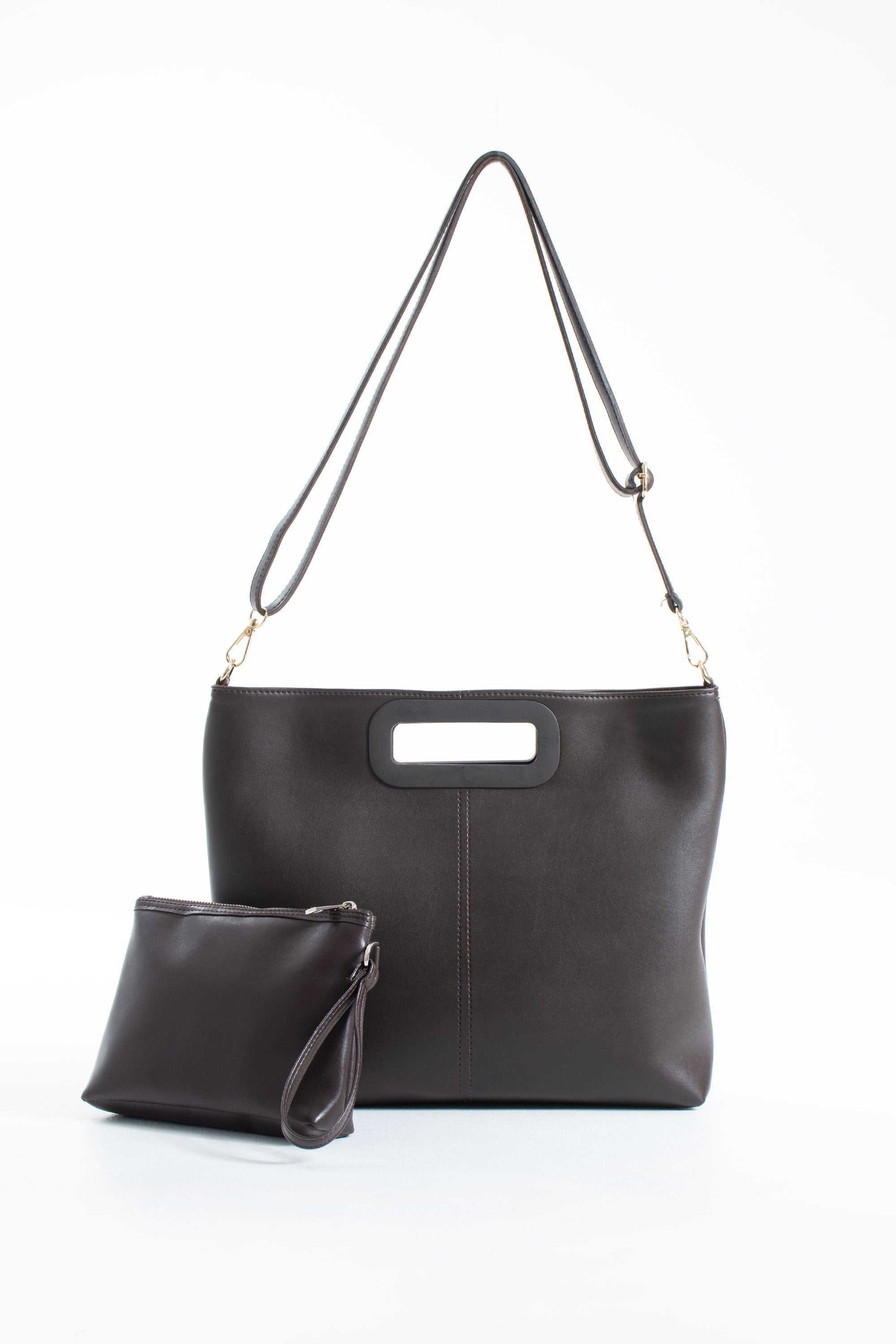 Handle Detail Pu Leather Large Handbag with Detachable strap - Brown
