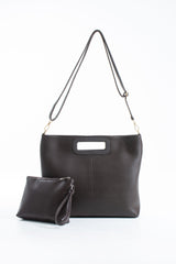 Handle Detail Pu Leather Large Handbag with Detachable strap - Brown