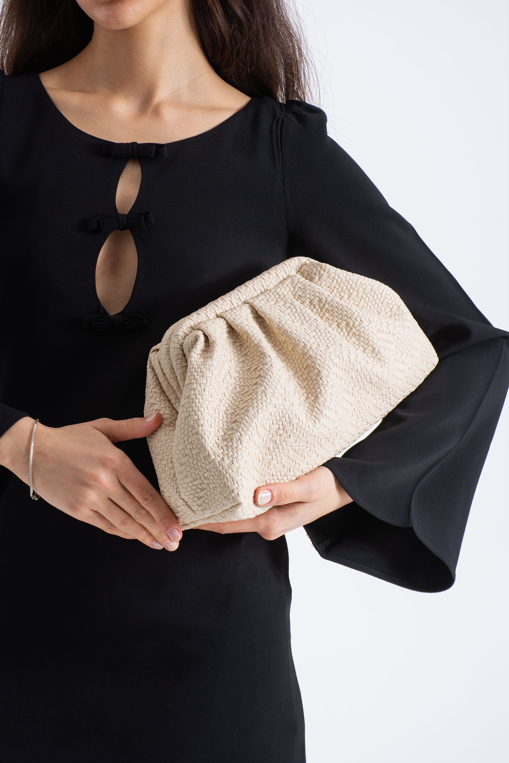 Textured Pu Leather Large  Pouch Bag with Detachable Crossbody Strap - Cream